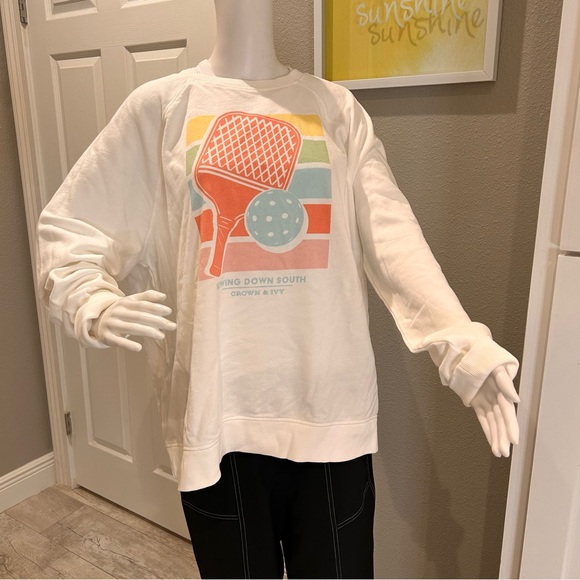 crown & ivy Other - crown & ivy White Graphic Pickleball Sweatshirt with Coral, Teal & Yellow Print